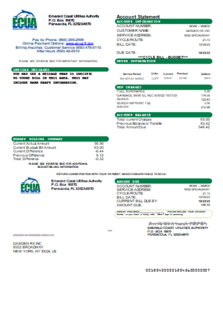 Emerald Coast Utilities Authority (ECUA) utility business bill, SCR PSD template